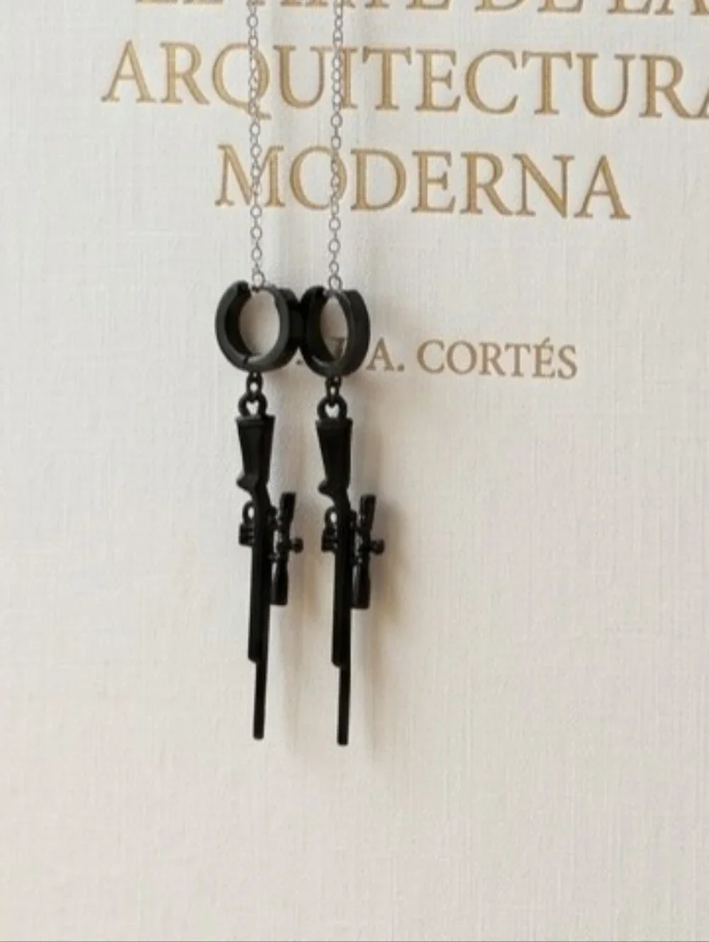 Mateo Black Hoop Earrings / Sniper Rifle Unisex Hoop Earrings. Length: 6.5 cm.​